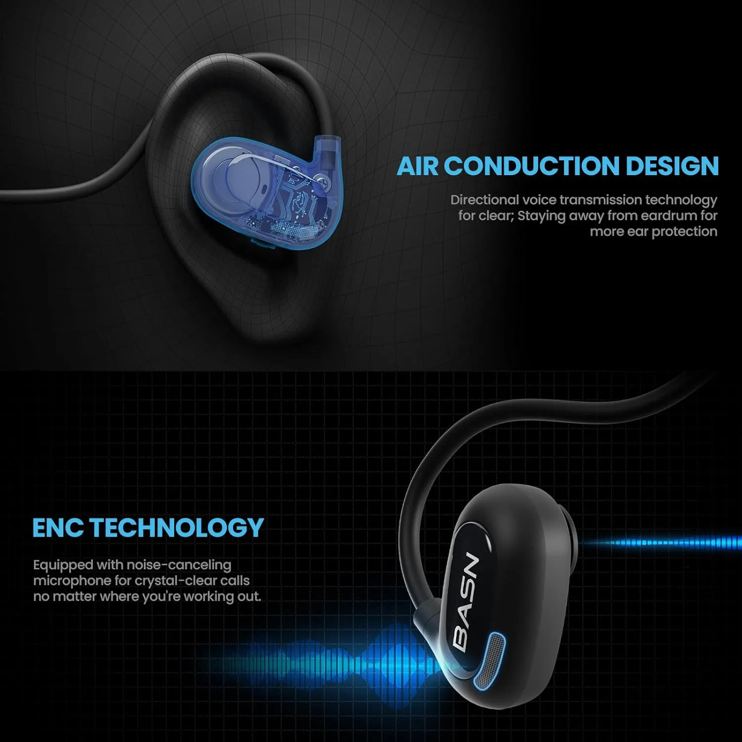 BASN AirS1 Wireless ENC Air Conduction Earphones, Bluetooth 5.3 Open Ear Headphones with 16.2mm Dynamic Speaker, IPX5 Sweat & Water Resistant for Gym Hiking Cycling Running Workouts (Black)