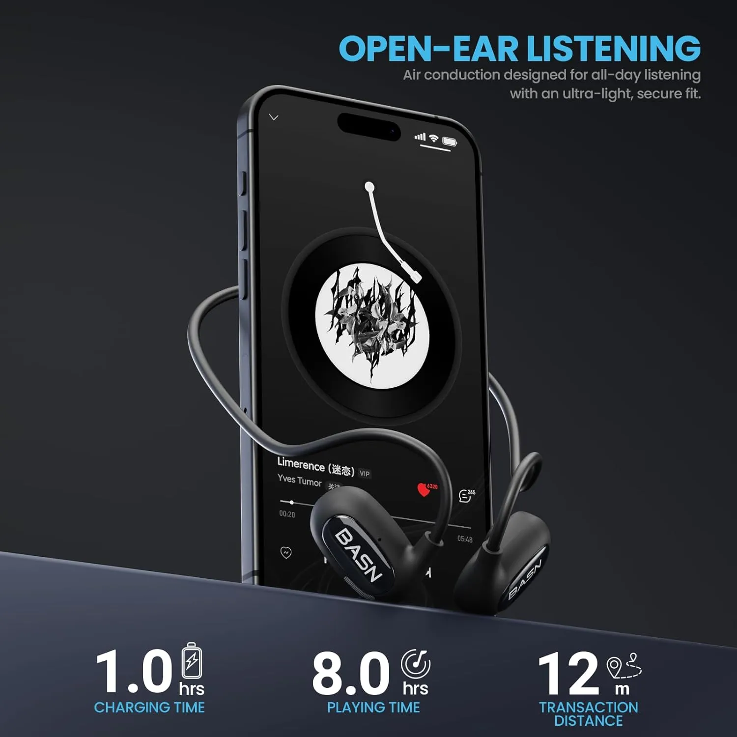 BASN AirS1 Wireless ENC Air Conduction Earphones, Bluetooth 5.3 Open Ear Headphones with 16.2mm Dynamic Speaker, IPX5 Sweat & Water Resistant for Gym Hiking Cycling Running Workouts (Black)
