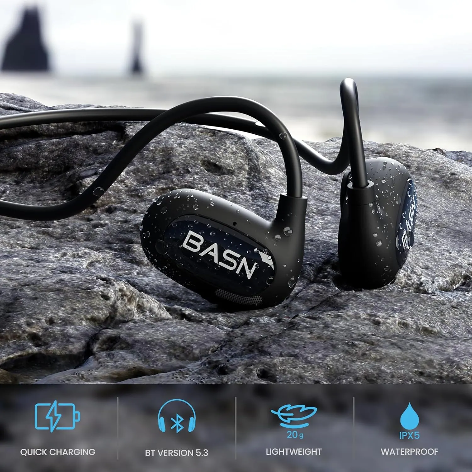 BASN AirS1 Wireless ENC Air Conduction Earphones, Bluetooth 5.3 Open Ear Headphones with 16.2mm Dynamic Speaker, IPX5 Sweat & Water Resistant for Gym Hiking Cycling Running Workouts (Black)