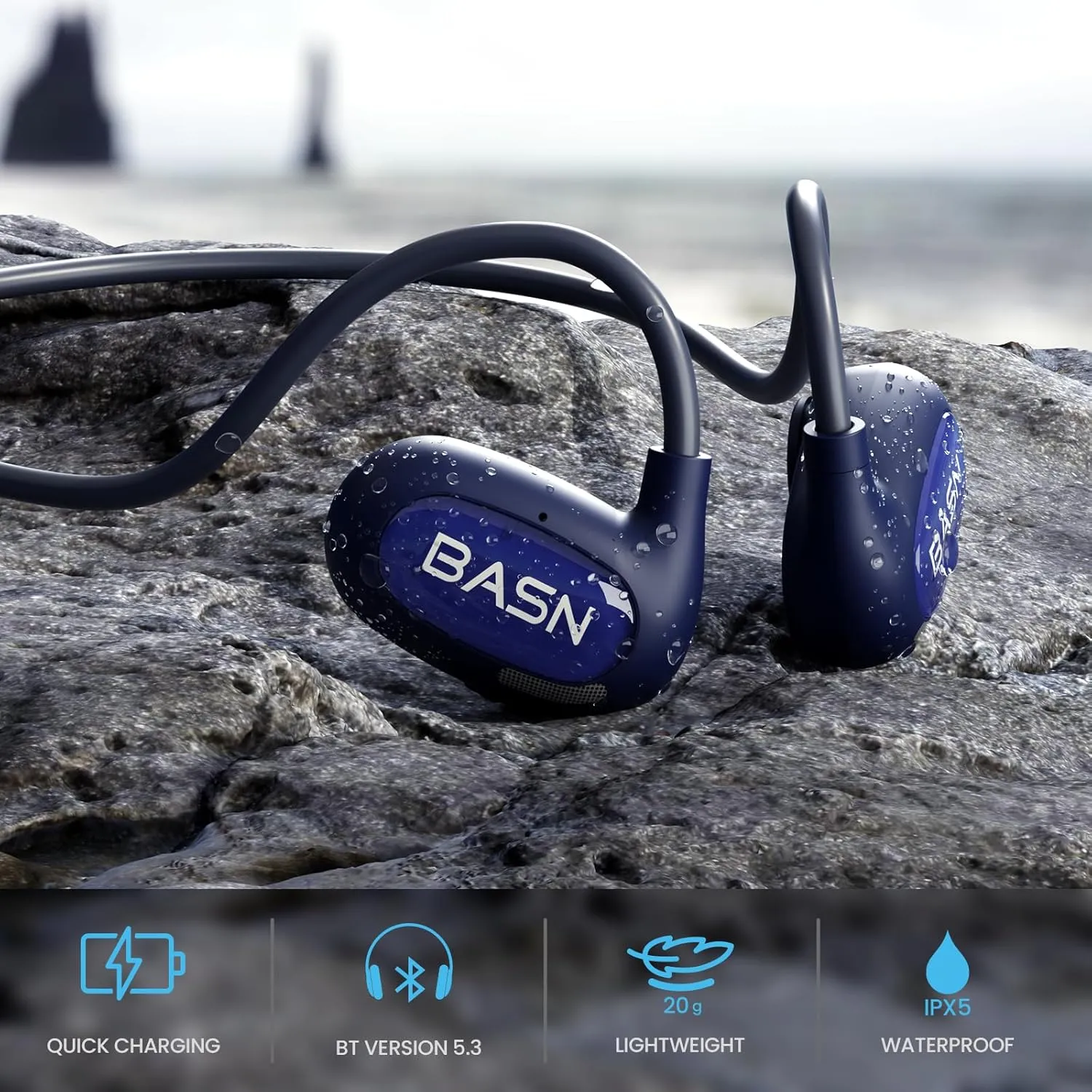 BASN AirS1 Wireless ENC Air Conduction Earphones, Bluetooth 5.3 Open Ear Headphones with 16.2mm Dynamic Speaker, IPX5 Sweat & Water Resistant for Gym Hiking Cycling Running Workouts (Blue)