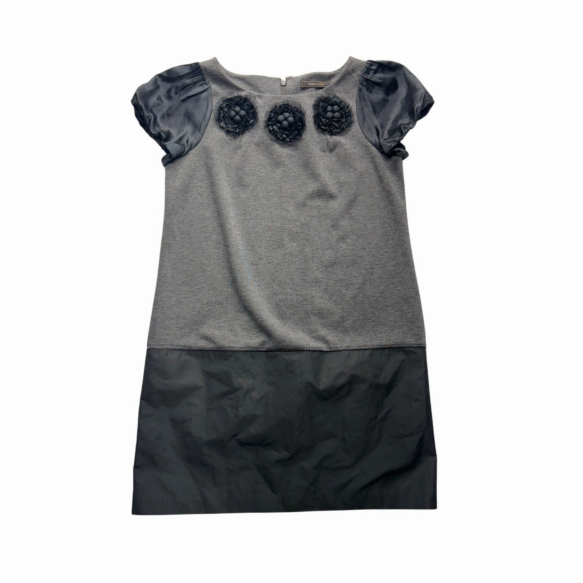 BCBG Max Azria Gray & Black Dress With Satin Sleeves  Silk Blend #7708