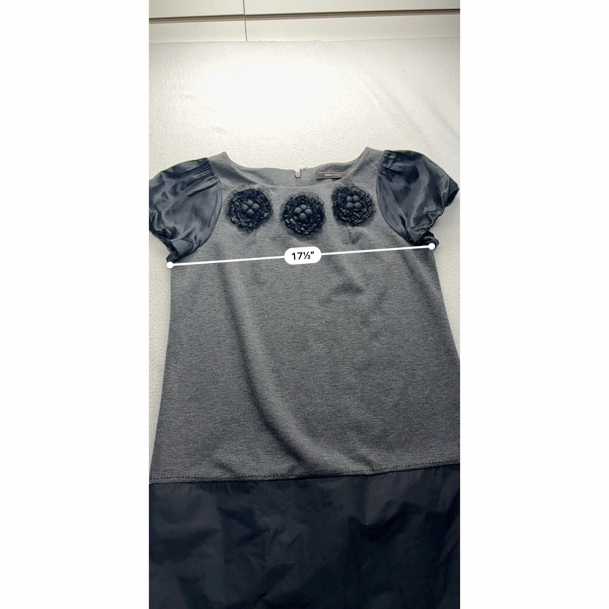 BCBG Max Azria Gray & Black Dress With Satin Sleeves  Silk Blend #7708