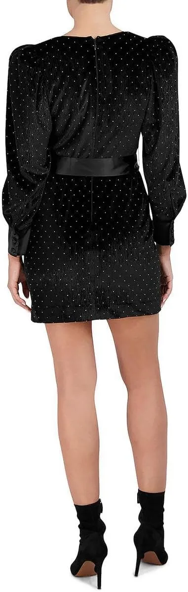 BCBGMAXAZRIA Women's Fitted Velvet Cocktail Dress Puff Long Sleeve Deep V Neck Detachable Belt