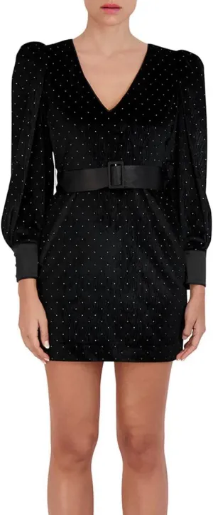 BCBGMAXAZRIA Women's Fitted Velvet Cocktail Dress Puff Long Sleeve Deep V Neck Detachable Belt