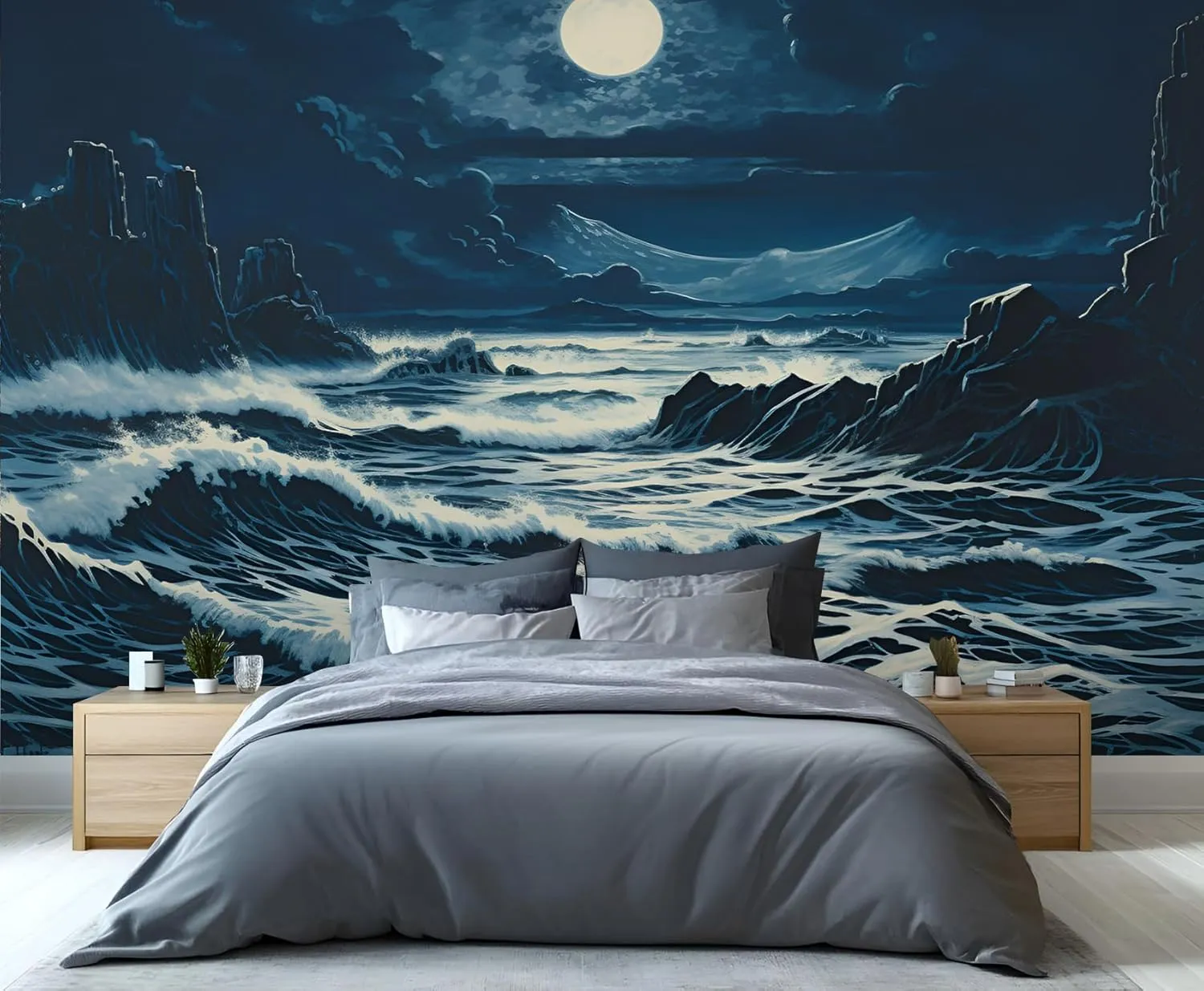 Beach Night View 3D Wallpaper MuralOcean View Mural Wallpaper, Tropical Beach Wall Murals for Living Room Bedroom Bathroom Office Home Decor (Not Peel and Stick) - 98.4" W x 68.9" H
