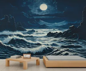 Beach Night View 3D Wallpaper MuralOcean View Mural Wallpaper, Tropical Beach Wall Murals for Living Room Bedroom Bathroom Office Home Decor (Not Peel and Stick) - 98.4" W x 68.9" H