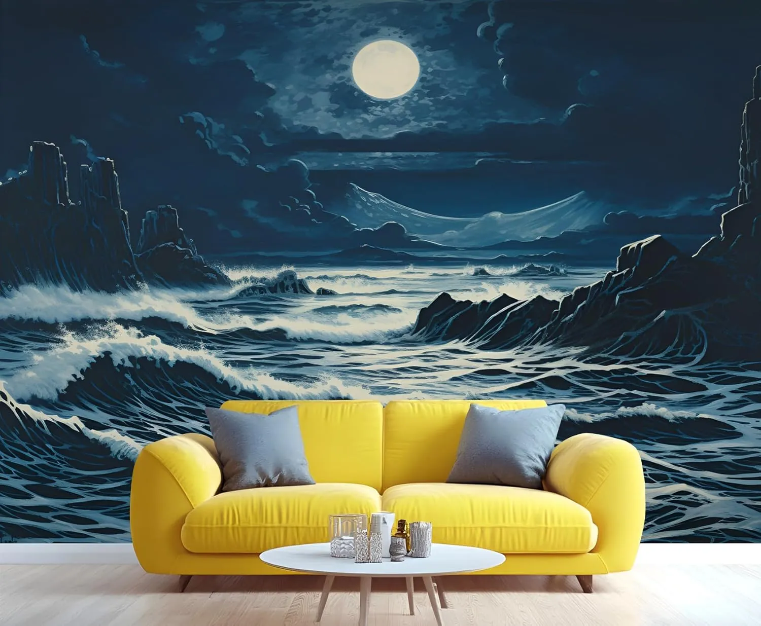Beach Night View 3D Wallpaper MuralOcean View Mural Wallpaper, Tropical Beach Wall Murals for Living Room Bedroom Bathroom Office Home Decor (Not Peel and Stick) - 98.4" W x 68.9" H
