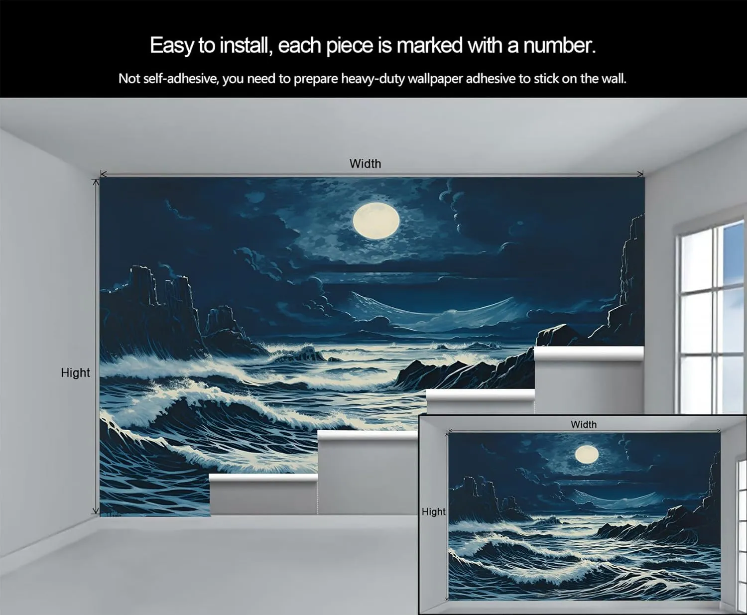 Beach Night View 3D Wallpaper MuralOcean View Mural Wallpaper, Tropical Beach Wall Murals for Living Room Bedroom Bathroom Office Home Decor (Not Peel and Stick) - 98.4" W x 68.9" H