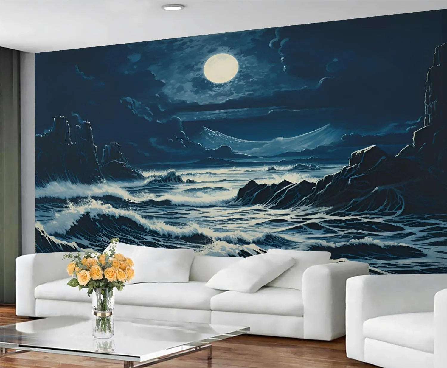 Beach Night View 3D Wallpaper MuralOcean View Mural Wallpaper, Tropical Beach Wall Murals for Living Room Bedroom Bathroom Office Home Decor (Not Peel and Stick) - 98.4" W x 68.9" H