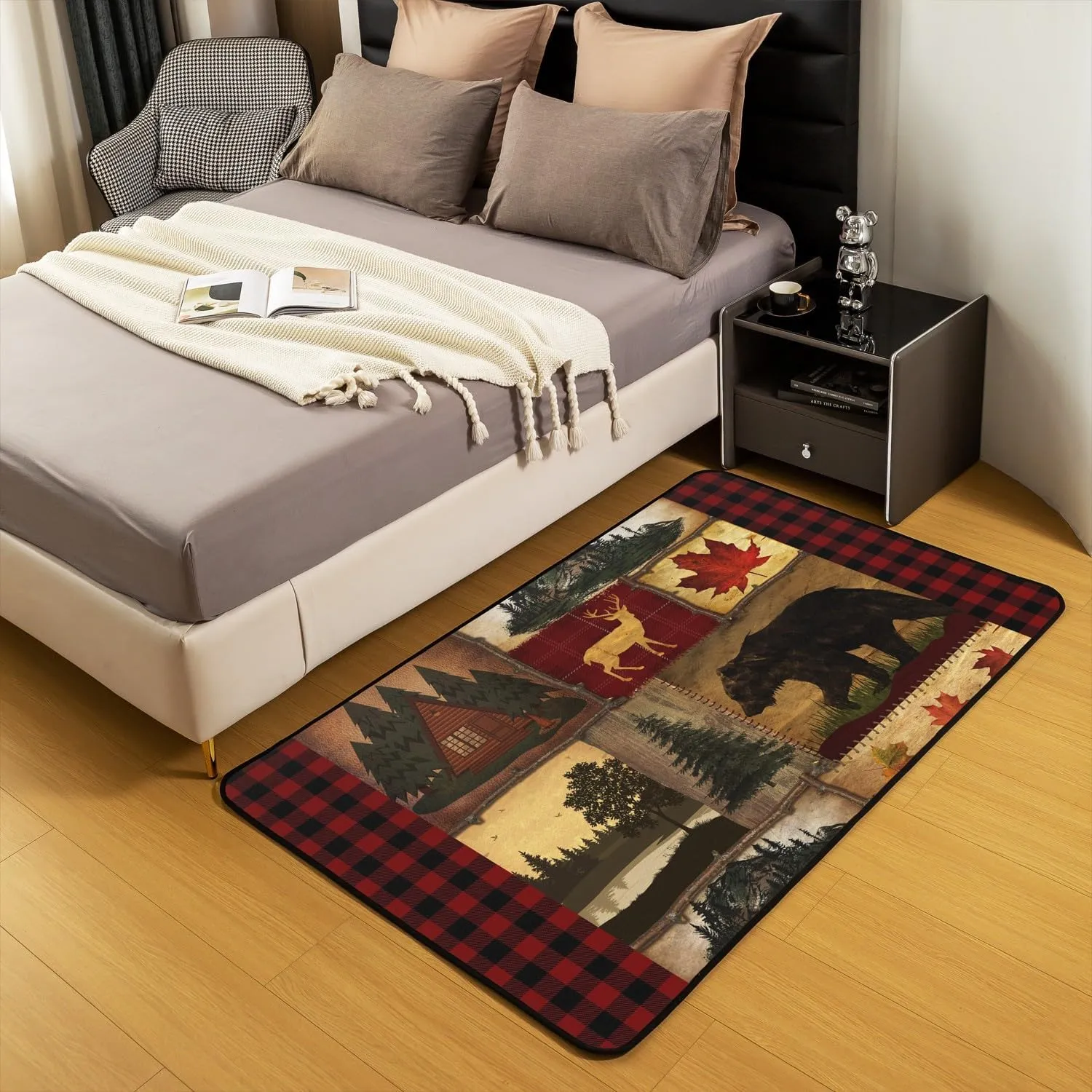 Bear Cabin Plaid Area Rug 4'11" x 3'3" for Home,Rustic Farmhouse Living Room Rugs,Retro Hunting Deer Carpet,Country Woodland Pine Tree Floor Mat,Maple Leaf Lodge Decor Decorative Rug,Red Black Brown