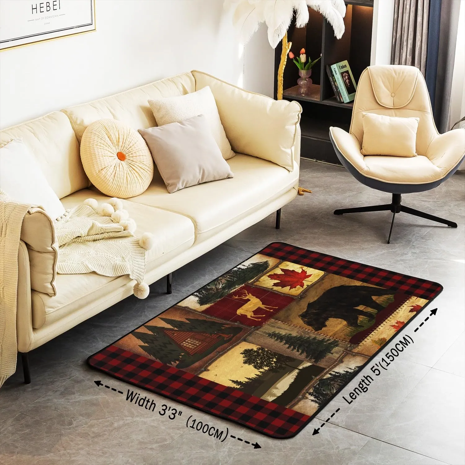 Bear Cabin Plaid Area Rug 4'11" x 3'3" for Home,Rustic Farmhouse Living Room Rugs,Retro Hunting Deer Carpet,Country Woodland Pine Tree Floor Mat,Maple Leaf Lodge Decor Decorative Rug,Red Black Brown
