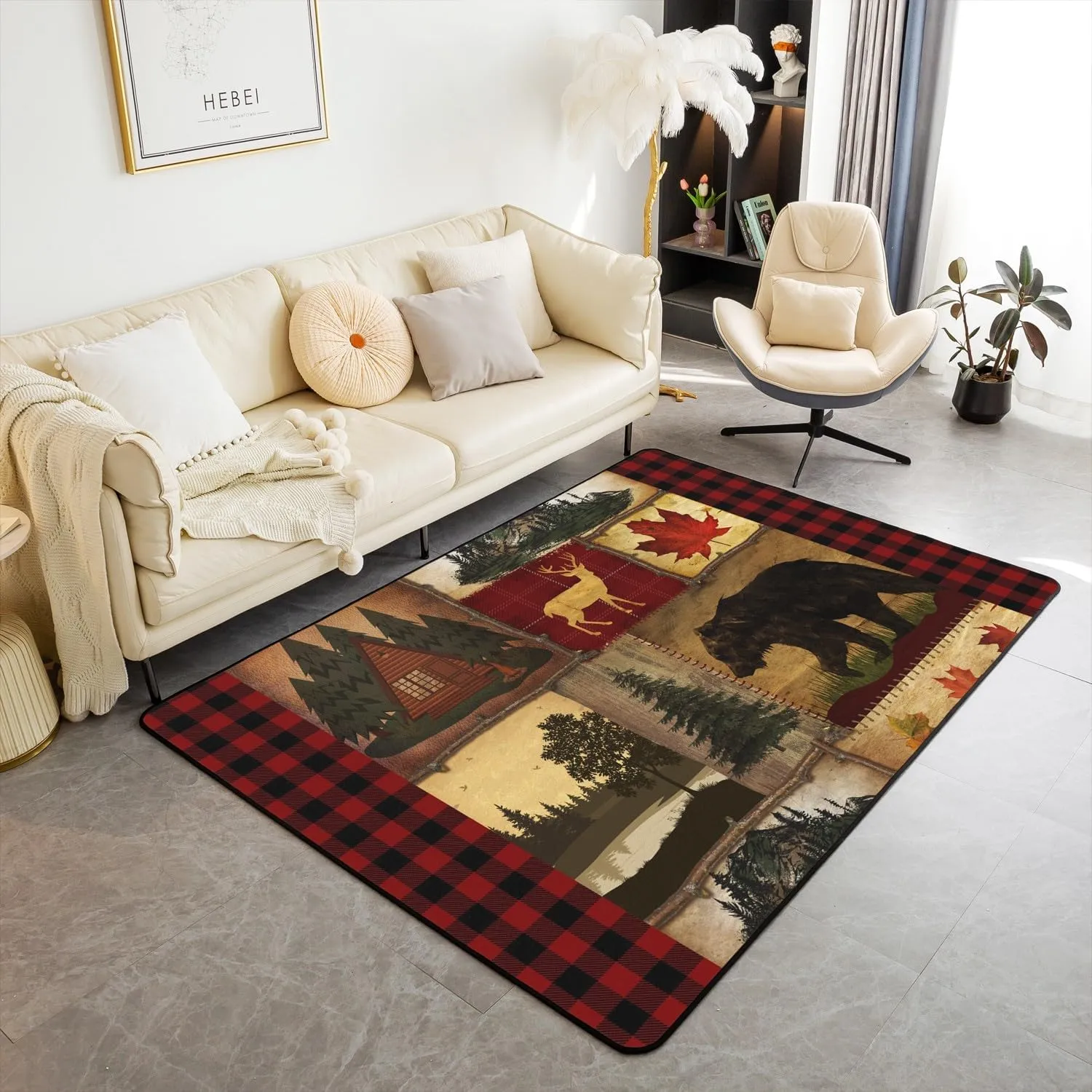 Bear Cabin Plaid Area Rug 4'11" x 3'3" for Home,Rustic Farmhouse Living Room Rugs,Retro Hunting Deer Carpet,Country Woodland Pine Tree Floor Mat,Maple Leaf Lodge Decor Decorative Rug,Red Black Brown