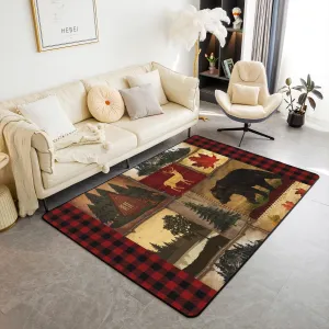 Bear Cabin Plaid Area Rug 4'11" x 3'3" for Home,Rustic Farmhouse Living Room Rugs,Retro Hunting Deer Carpet,Country Woodland Pine Tree Floor Mat,Maple Leaf Lodge Decor Decorative Rug,Red Black Brown