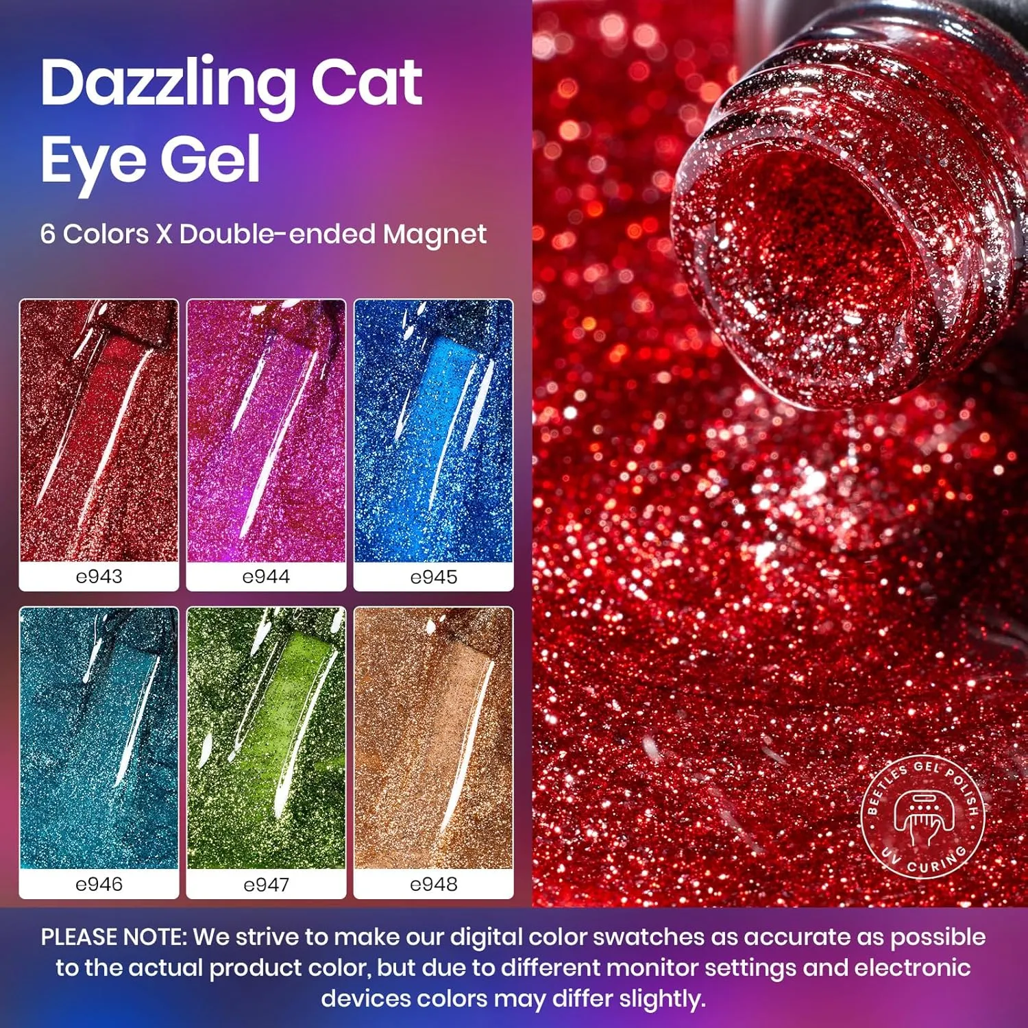 Beetles Cat Eye Gel Nail Polish, 6 Colors Red Purple Green Blue Green Gold Holographic Glitter Gel Polish Set with Magnet Soak Off UV Shimmer Velvet Gel Sparkle Soiree Series Manicure Gifts for Women