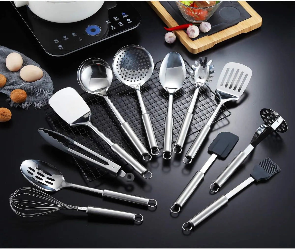Berglander Cooking Utensil Set 13 Piece Stainless Steel Kitchen Tool Set with Holder, Include Cooking Spoon, Spatula, Whisk, Cooking Tong and etc. (13 Pieces)