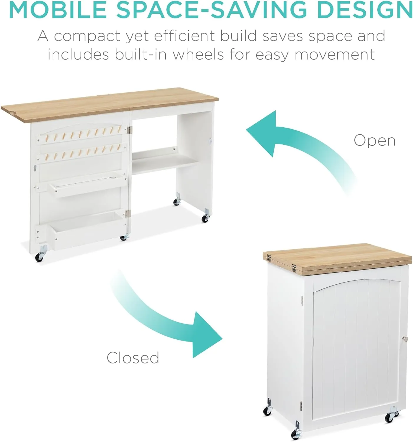 Best Choice Products Folding Sewing Table Multipurpose Craft Station & Side Desk with Compact Design, Wheels, Shelves, Storage Trays, Pegs, Magnetic Doors, Metal Doorknobs - Natural/White