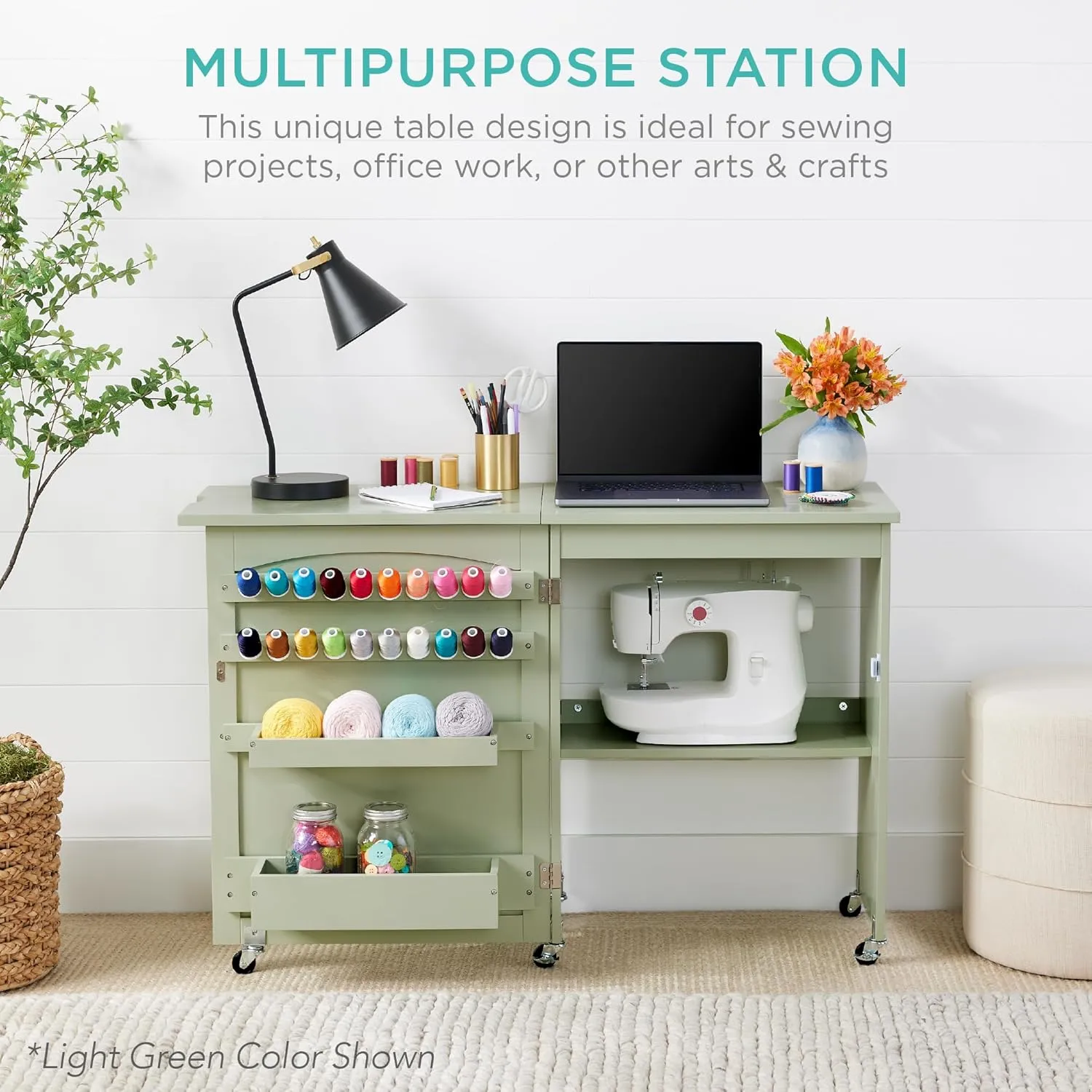 Best Choice Products Folding Sewing Table Multipurpose Craft Station & Side Desk with Compact Design, Wheels, Shelves, Storage Trays, Pegs, Magnetic Doors, Metal Doorknobs - Natural/White