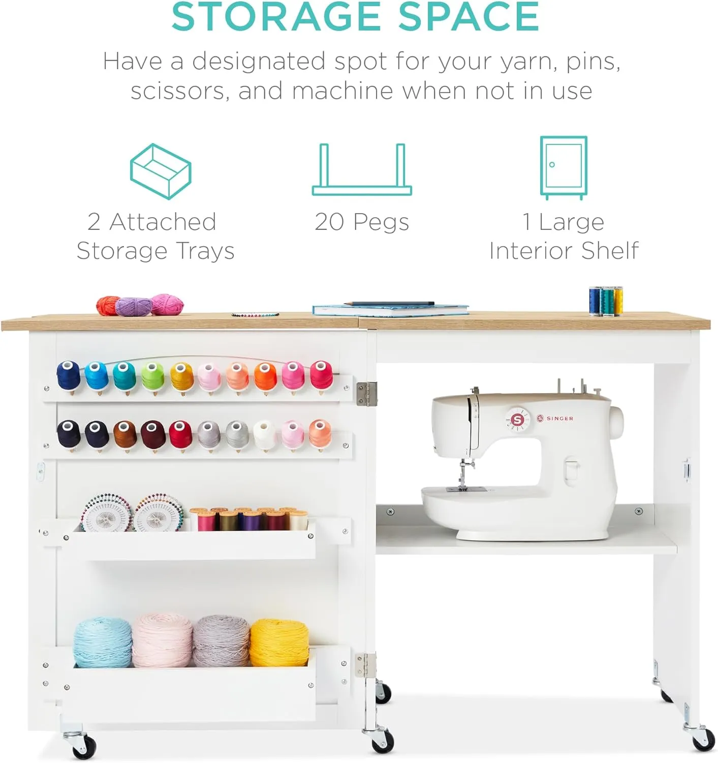 Best Choice Products Folding Sewing Table Multipurpose Craft Station & Side Desk with Compact Design, Wheels, Shelves, Storage Trays, Pegs, Magnetic Doors, Metal Doorknobs - Natural/White