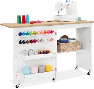 Best Choice Products Folding Sewing Table Multipurpose Craft Station & Side Desk with Compact Design, Wheels, Shelves, Storage Trays, Pegs, Magnetic Doors, Metal Doorknobs - Natural/White