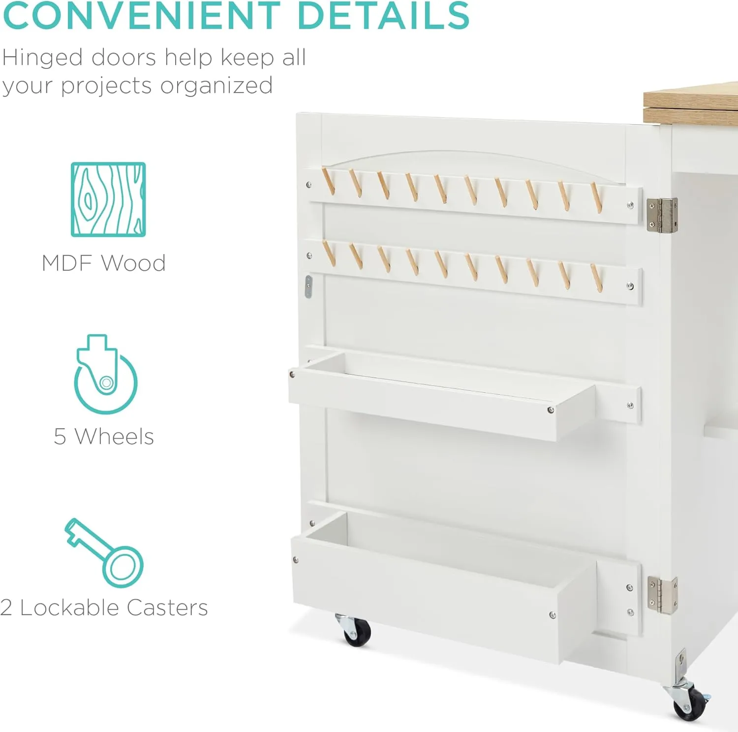 Best Choice Products Folding Sewing Table Multipurpose Craft Station & Side Desk with Compact Design, Wheels, Shelves, Storage Trays, Pegs, Magnetic Doors, Metal Doorknobs - Natural/White