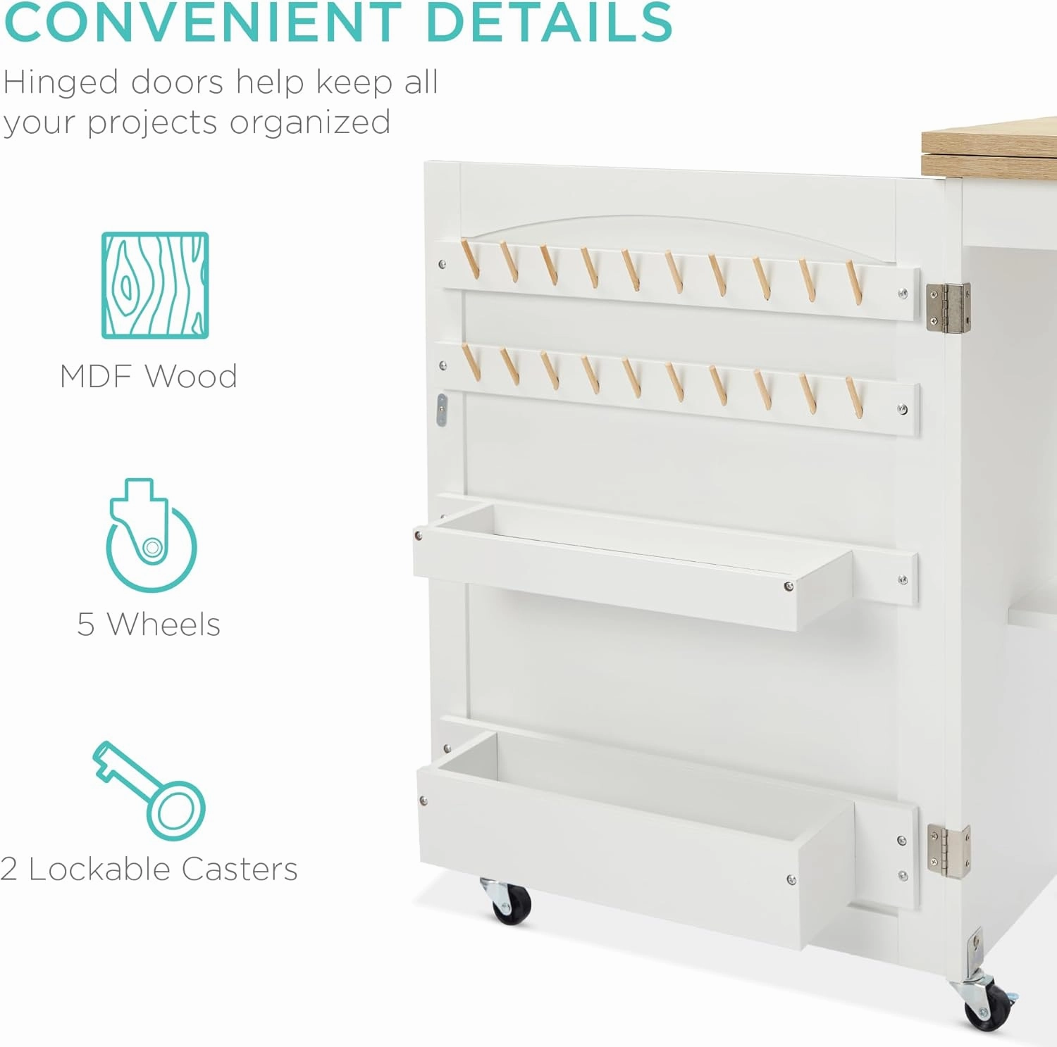 Best Choice Products Folding Sewing Table Multipurpose Craft Station & Side Desk with Compact Design, Wheels, Shelves, Storage Trays, Pegs, Magnetic Doors, Metal Doorknobs - Natural/White