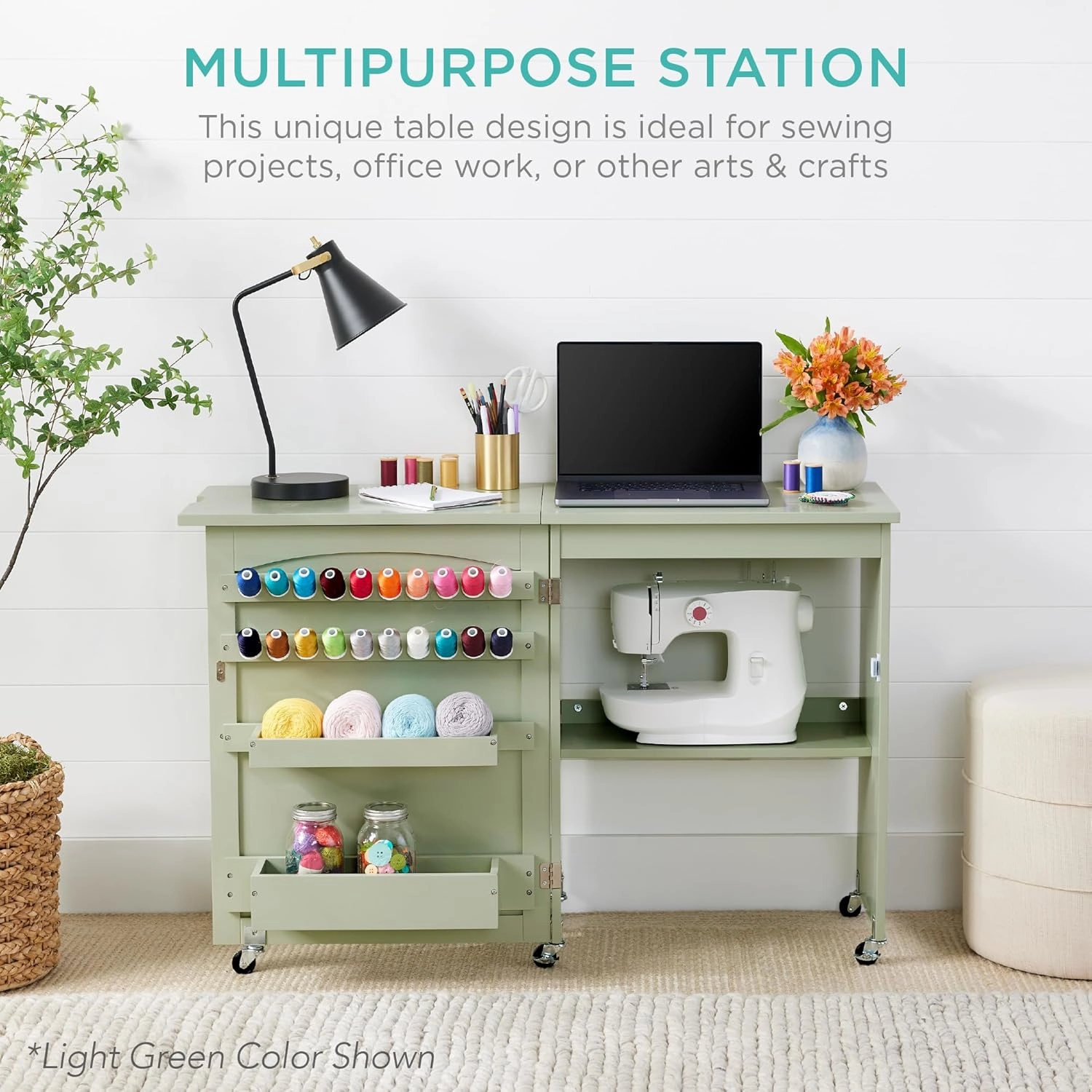 Best Choice Products Folding Sewing Table Multipurpose Craft Station & Side Desk with Compact Design, Wheels, Shelves, Storage Trays, Pegs, Magnetic Doors, Metal Doorknobs - Natural/White