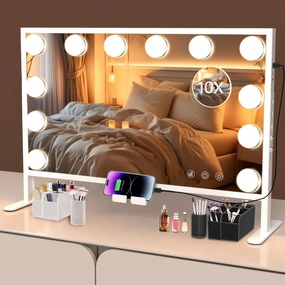 BESTOPE PRO Vanity Mirror with Lights, 23.6" x 22.4" Makeup Mirror with Lights and 3 Color Mode, Height Adjustable Hollywood Mirror with 2 Organizer, USB Charging Port, Phone Holder, Women Gifts
