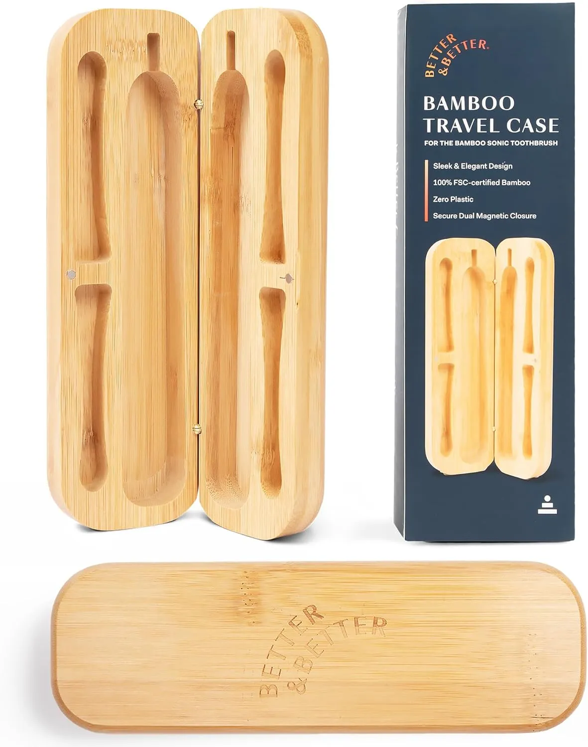 Better & Better Travel Case designed for the Bamboo Sonic Toothbrush | Fits 2 Replacement Brush Heads & 1 Electric Brush Handle | Natural Bamboo with Dual Magnetic Closure