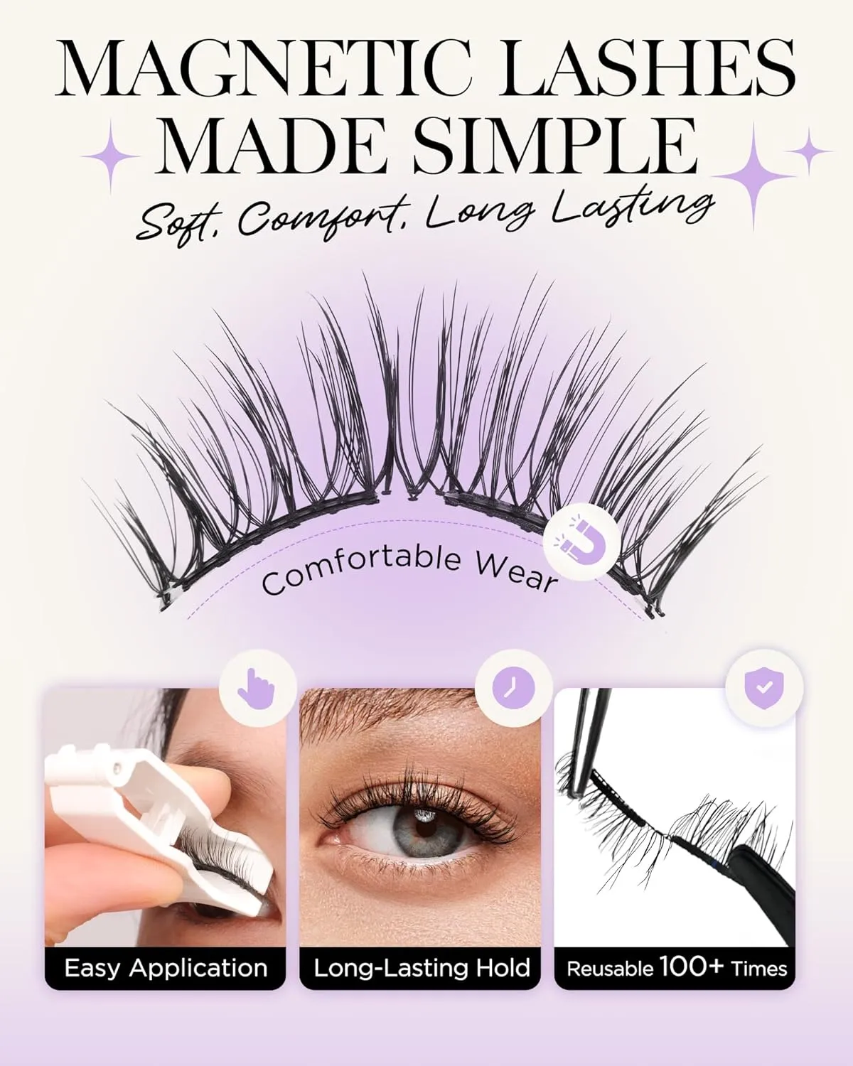 BEYELIAN Magnetic Eyelashes Natural Look Soft Magnetic Lashes with Applicator Reusable No Glue Needed False Eyelashes Easy to Wear and Remove (1 Pair,CS104)