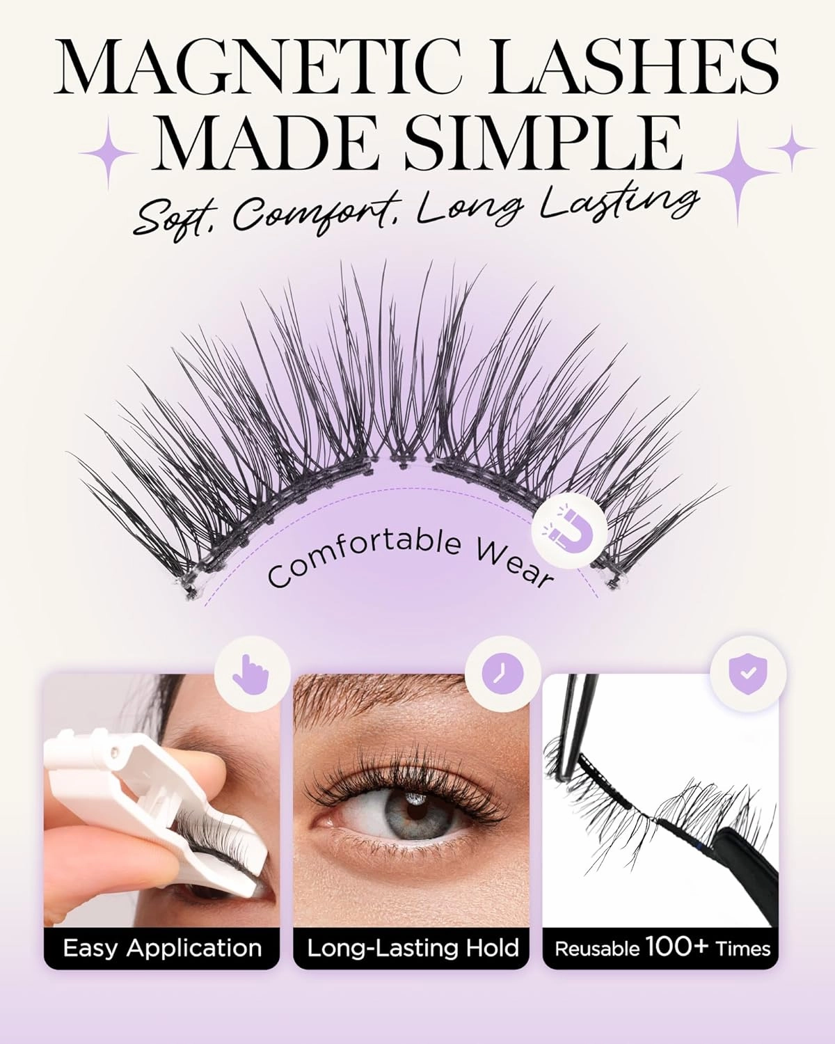 BEYELIAN Soft Magnetic Eyelashes, Reusable Magnetic Lashes with Applicator Natural Look No Glue Needed Comfortable & Secure Fit for All-Day Wear (1 Pair,SME04)