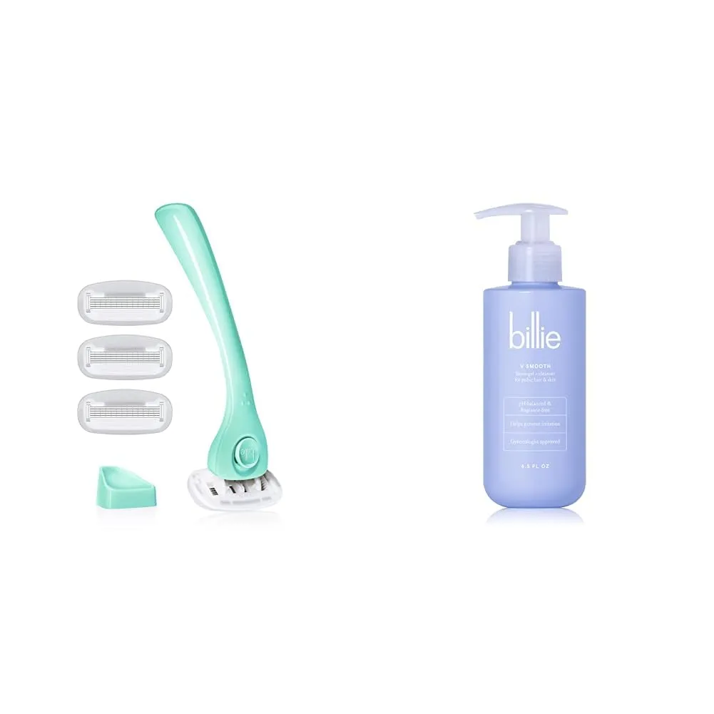 Billie Razors for Women Shave Kit – Razor   4 x 5-Blade Razor Refills   Magnetic Holder – Minty & V Smooth - Shave Gel   Cleanser for Pubic Hair & Skin - pH-Balanced