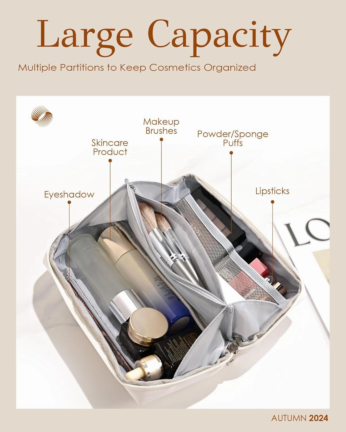 Birthday Gifts for Teen Girls, Initial Travel Makeup Bag for Women, Large Capacity Cosmetic Toiletry Pouch with Divider & Brush Storage, PU Leather Waterproof, Bridesmaid Gifts for Wedding Day