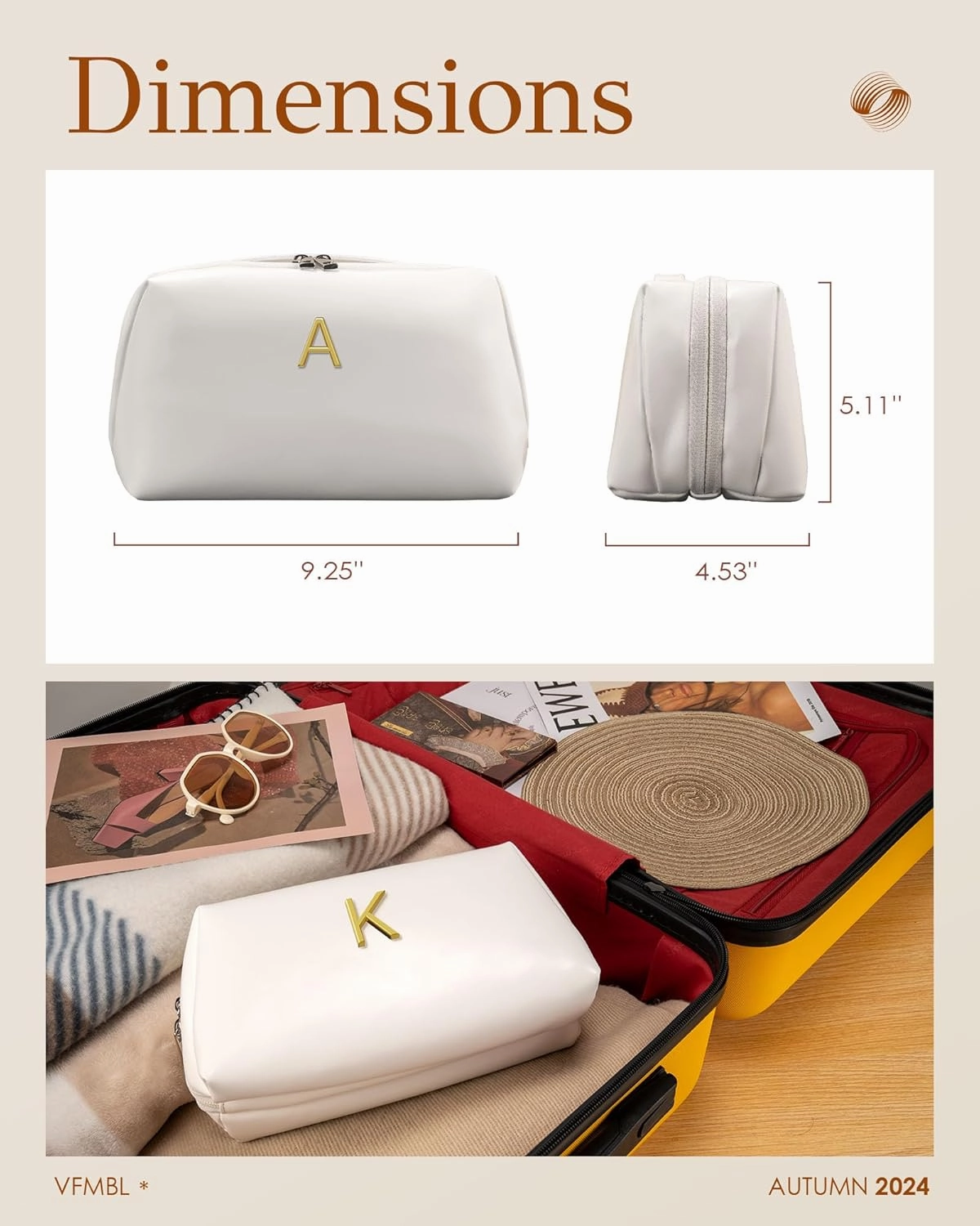 Birthday Gifts for Teen Girls, Initial Travel Makeup Bag for Women, Large Capacity Cosmetic Toiletry Pouch with Divider & Brush Storage, PU Leather Waterproof, Bridesmaid Gifts for Wedding Day