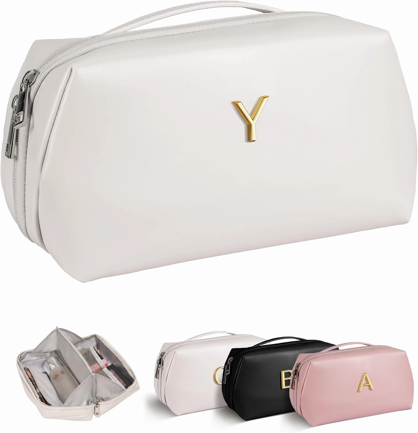 Birthday Gifts for Teen Girls, Initial Travel Makeup Bag for Women, Large Capacity Cosmetic Toiletry Pouch with Divider & Brush Storage, PU Leather Waterproof, Bridesmaid Gifts for Wedding Day
