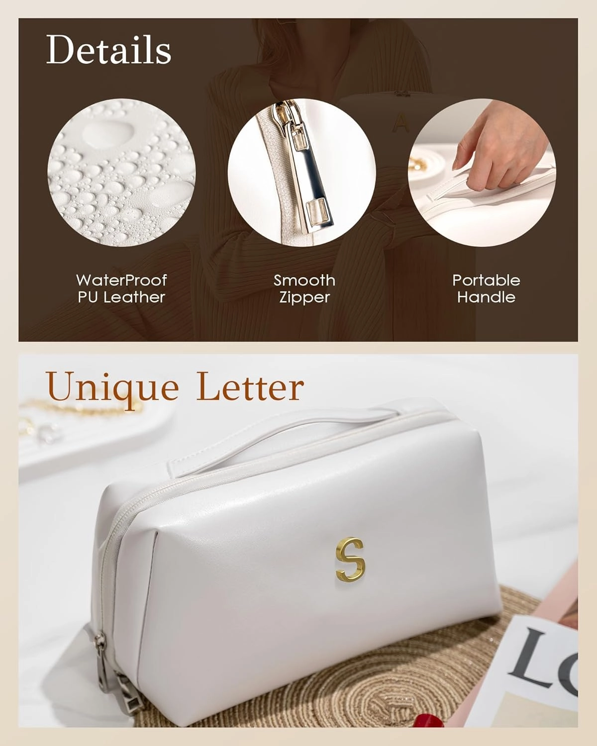 Birthday Gifts for Teen Girls, Initial Travel Makeup Bag for Women, Large Capacity Cosmetic Toiletry Pouch with Divider & Brush Storage, PU Leather Waterproof, Bridesmaid Gifts for Wedding Day