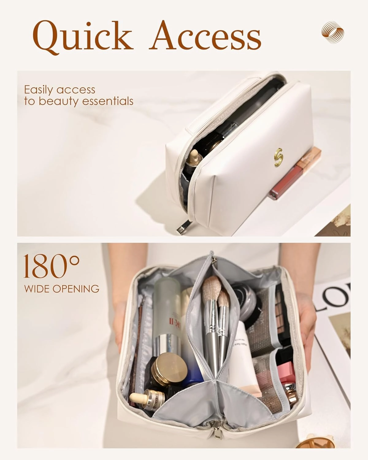 Birthday Gifts for Teen Girls, Initial Travel Makeup Bag for Women, Large Capacity Cosmetic Toiletry Pouch with Divider & Brush Storage, PU Leather Waterproof, Bridesmaid Gifts for Wedding Day