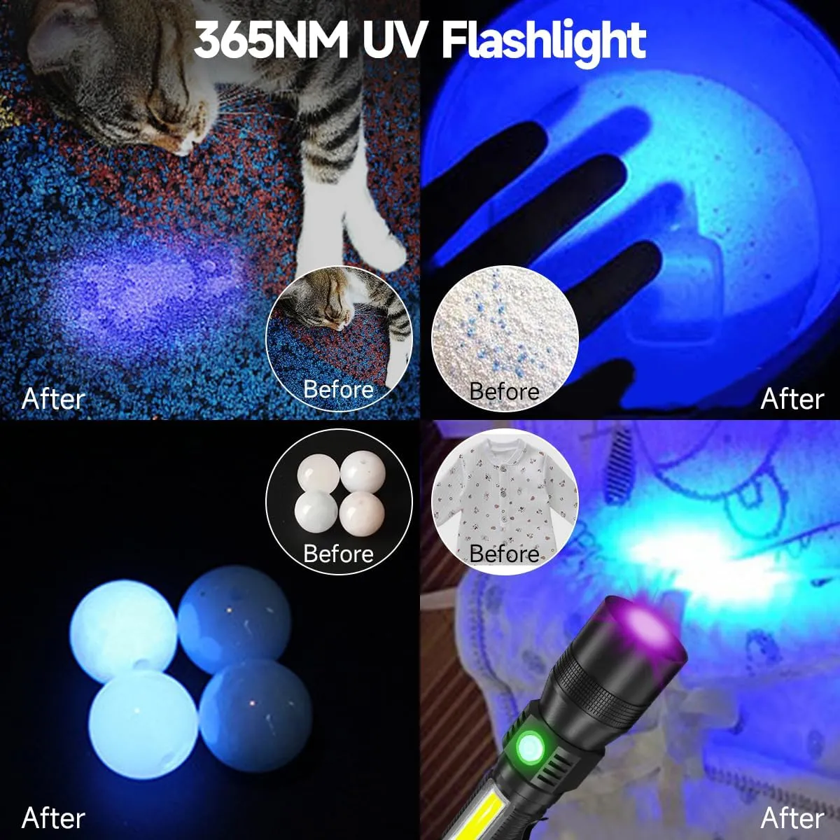 Black Light flashlight, 3 in-1 Rechargeable Flashlights, UV Light Magnetic LED Flashlight High Lumens, 7 Mode Camping Waterproof Flashlight for Pet Urine Detection ((Black   Purple) with case)