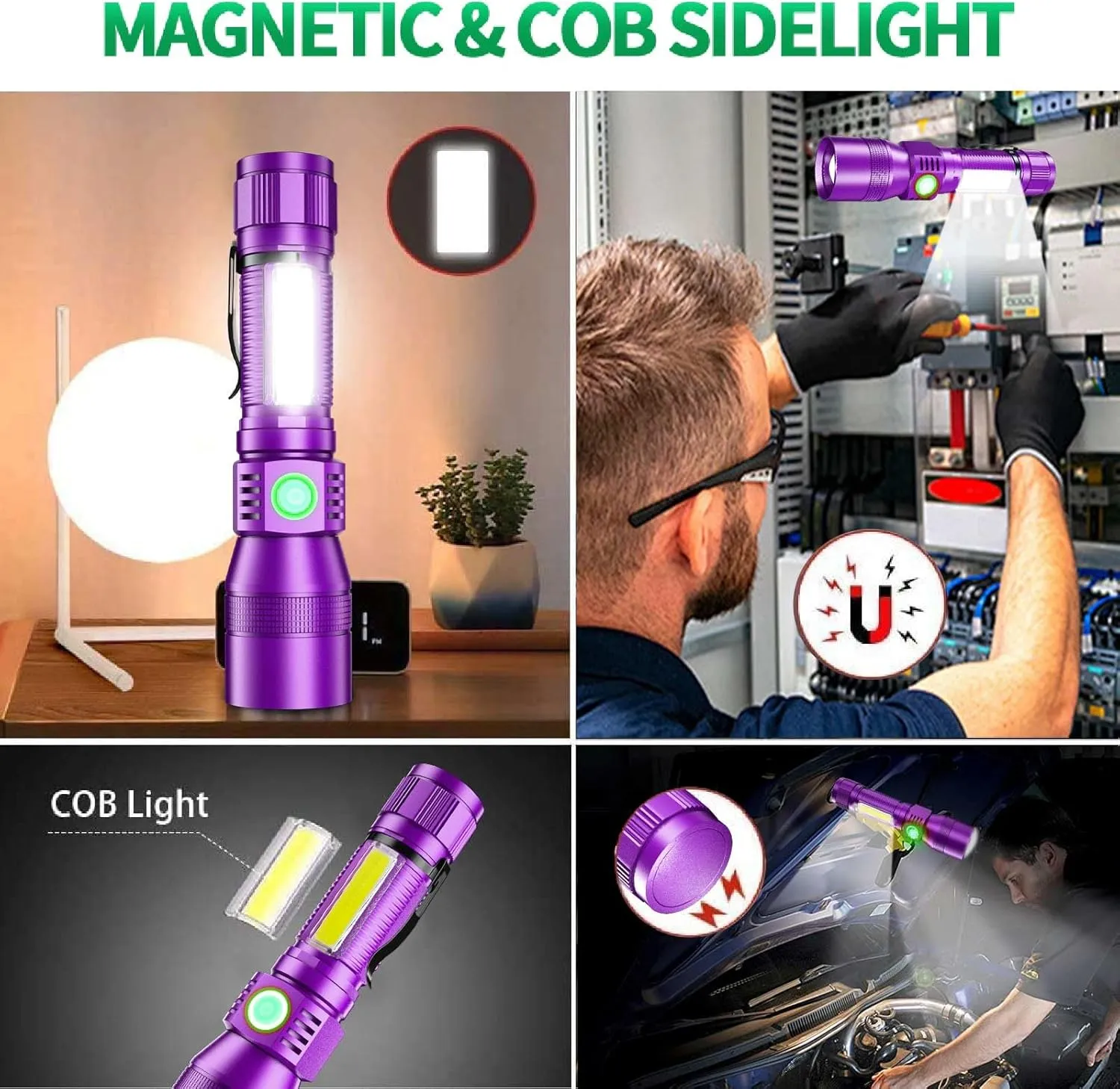 Black Light flashlight, 3 in-1 Rechargeable Flashlights, UV Light Magnetic LED Flashlight High Lumens, 7 Mode Camping Waterproof Flashlight for Pet Urine Detection ((Black   Purple) with case)