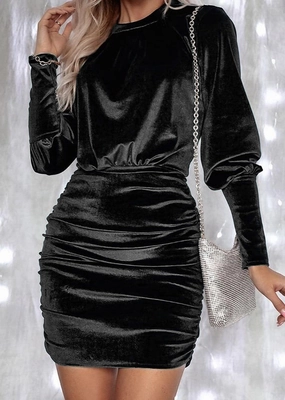 Black Velvet Ruched Bodycon Dress