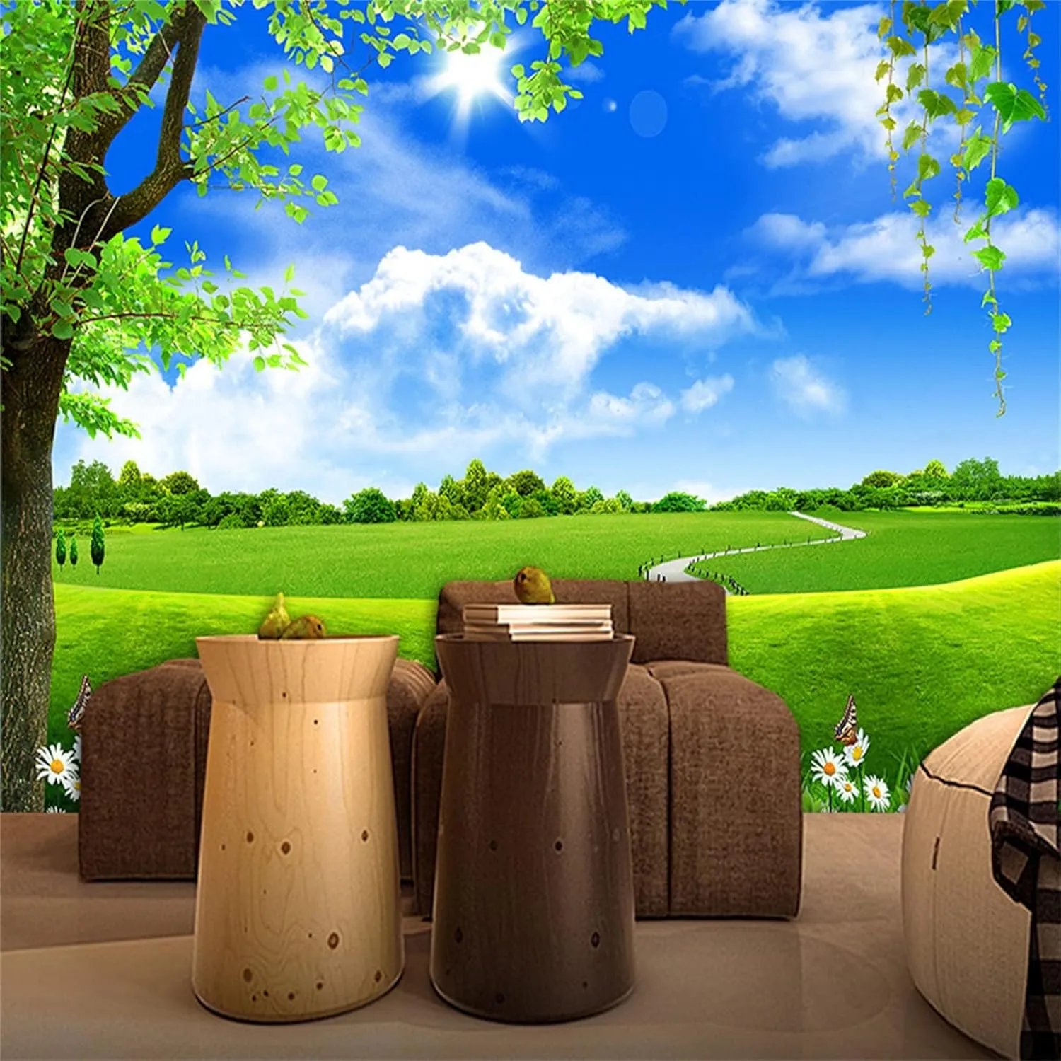 Blue Sky White Cloud Tree Scenery Custom Mural Wallpaper, Green Prairie Lawn Poster Large Wallpaper Mural for Restaurant Hotels Modern Living Room Home Decoration (Non-self-Adhesive)