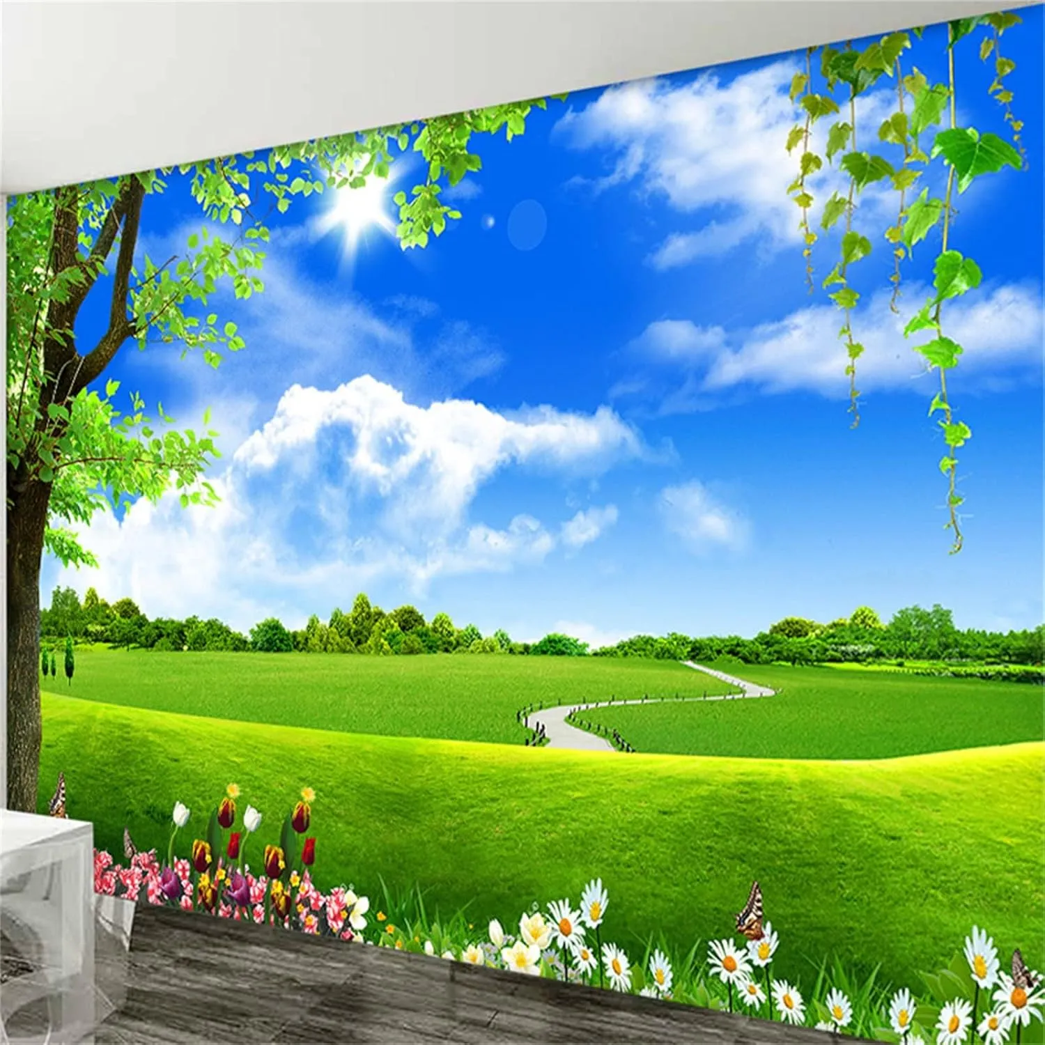 Blue Sky White Cloud Tree Scenery Custom Mural Wallpaper, Green Prairie Lawn Poster Large Wallpaper Mural for Restaurant Hotels Modern Living Room Home Decoration (Non-self-Adhesive)
