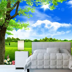 Blue Sky White Cloud Tree Scenery Custom Mural Wallpaper, Green Prairie Lawn Poster Large Wallpaper Mural for Restaurant Hotels Modern Living Room Home Decoration (Non-self-Adhesive)