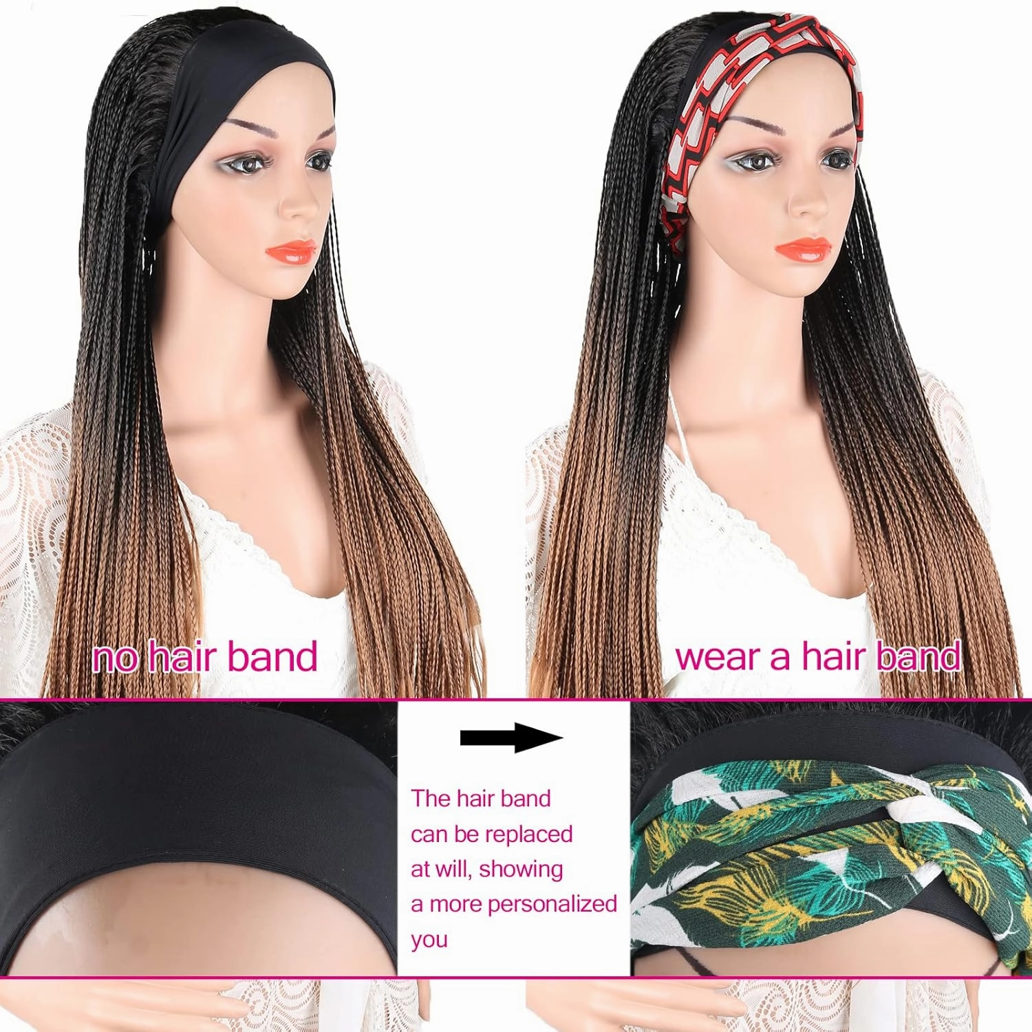 Box Braid Wig Headband Braided Headband Wigs for Black Women Long Cornrow Twist Crochet Braid Wig Ombre Brown Faux Locs Wig Knotless Braided Wig With Headband Twist Crochet Cornrow Braided Wig