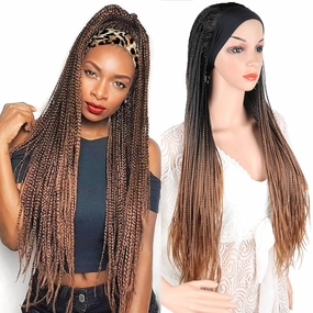 Box Braid Wig Headband Braided Headband Wigs for Black Women Long Cornrow Twist Crochet Braid Wig Ombre Brown Faux Locs Wig Knotless Braided Wig With Headband Twist Crochet Cornrow Braided Wig