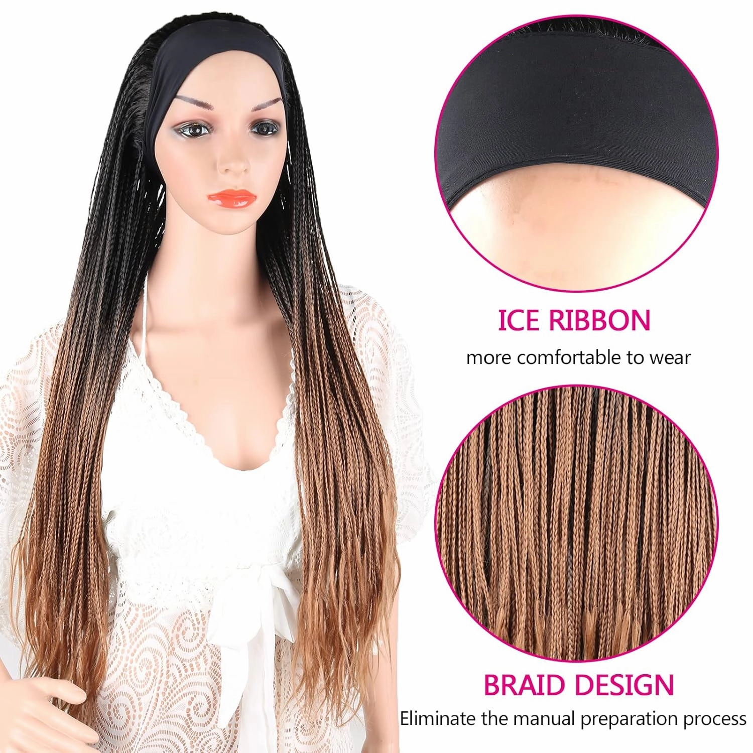 Box Braid Wig Headband Braided Headband Wigs for Black Women Long Cornrow Twist Crochet Braid Wig Ombre Brown Faux Locs Wig Knotless Braided Wig With Headband Twist Crochet Cornrow Braided Wig