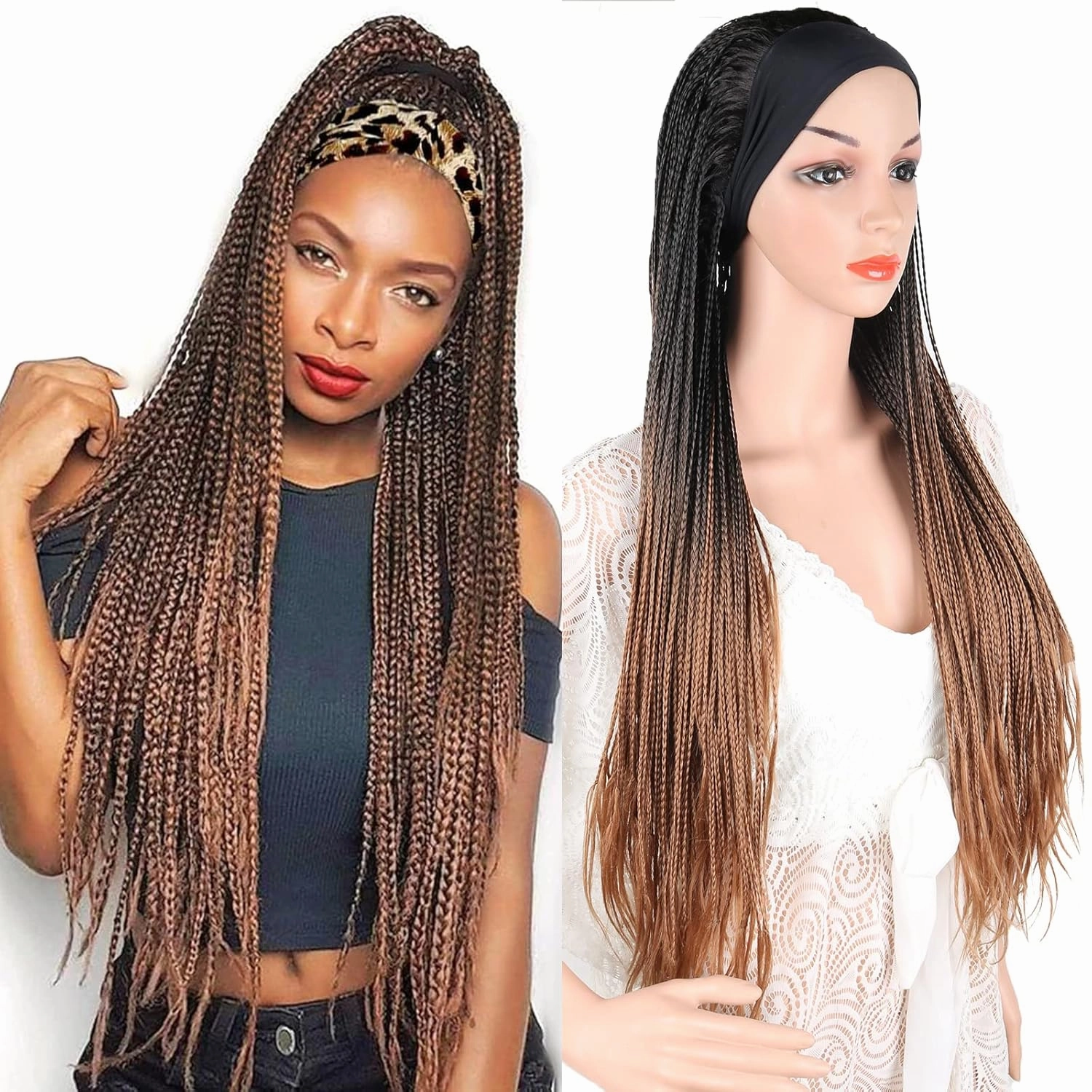 Box Braid Wig Headband Braided Headband Wigs for Black Women Long Cornrow Twist Crochet Braid Wig Ombre Brown Faux Locs Wig Knotless Braided Wig With Headband Twist Crochet Cornrow Braided Wig