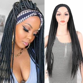 Braided Wigs with Headband Attached for Black Women Twist Crochet Hair Wrap Jumbo Synthetic Cornrow Black Box Braid Long CrochetTwistWig 30Inch