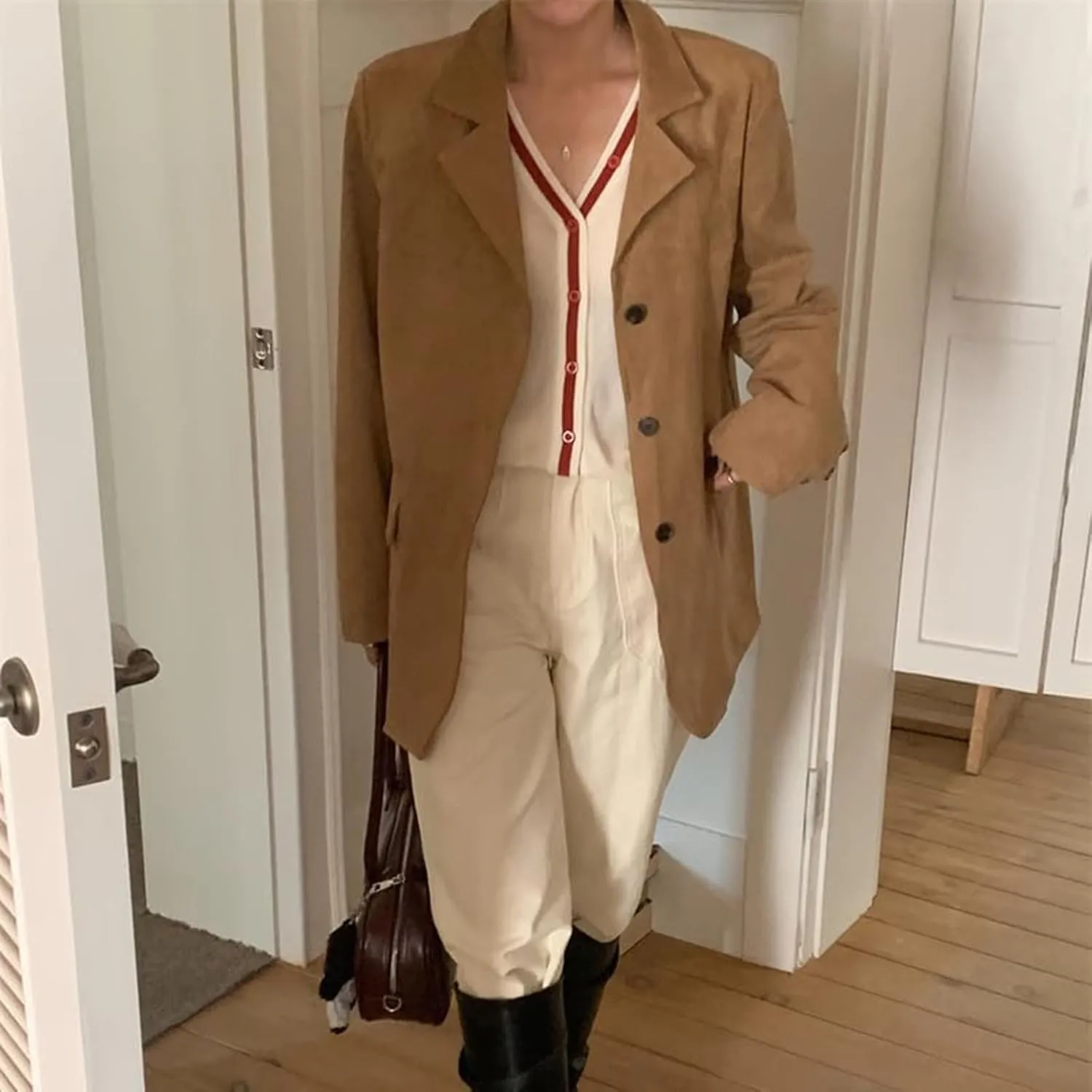 Brown Suede Jacket Women, Y2K Faux Suede Blazer Coat Vintage Aesthetics Oversized Outerwear