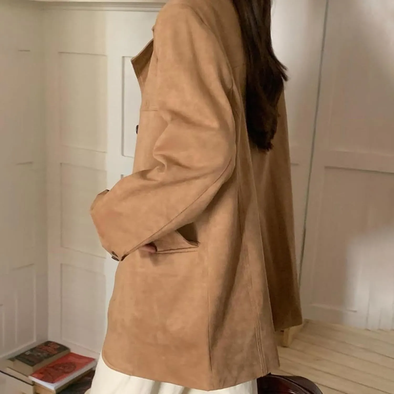 Brown Suede Jacket Women, Y2K Faux Suede Blazer Coat Vintage Aesthetics Oversized Outerwear