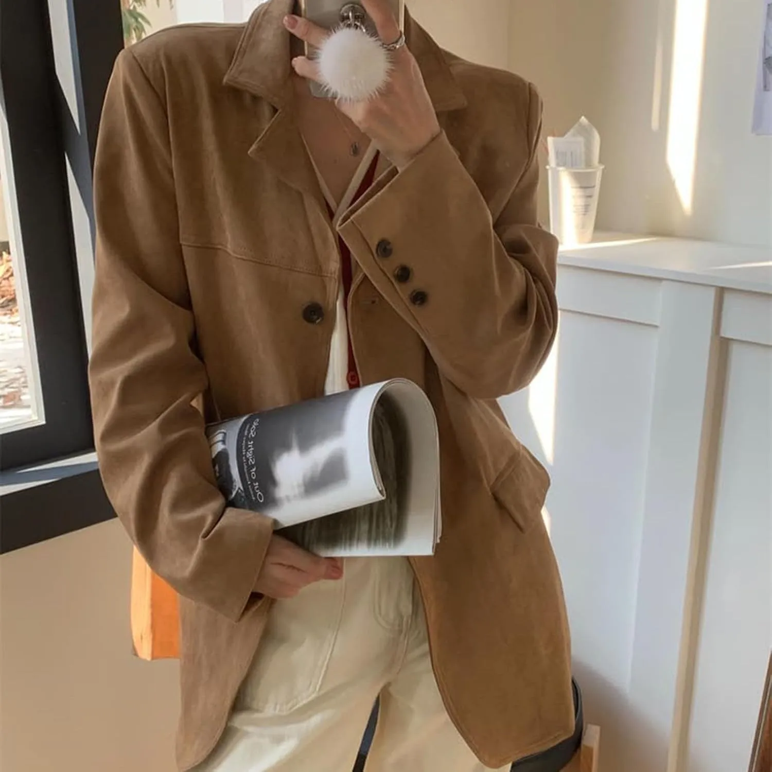 Brown Suede Jacket Women, Y2K Faux Suede Blazer Coat Vintage Aesthetics Oversized Outerwear